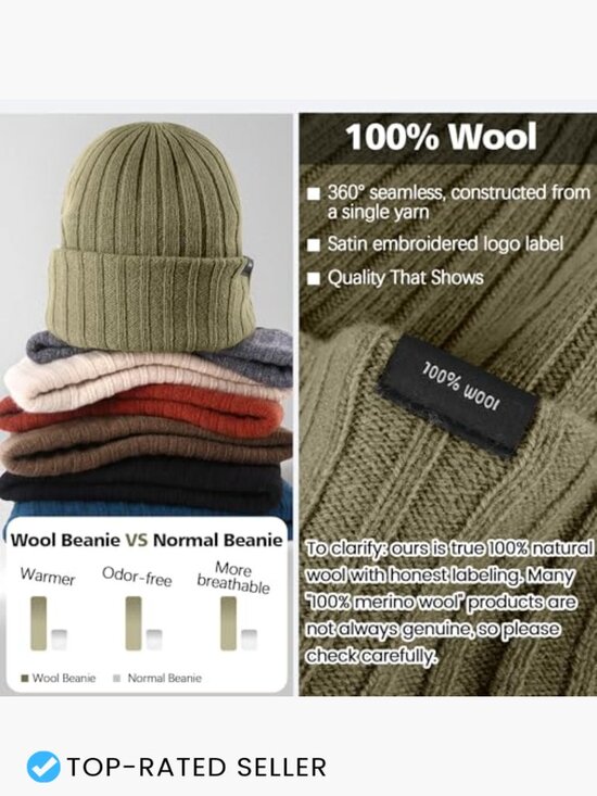 100% Wool Beanie Unisex Windproof Double Layer Cuffed Winter Hat Stretchy